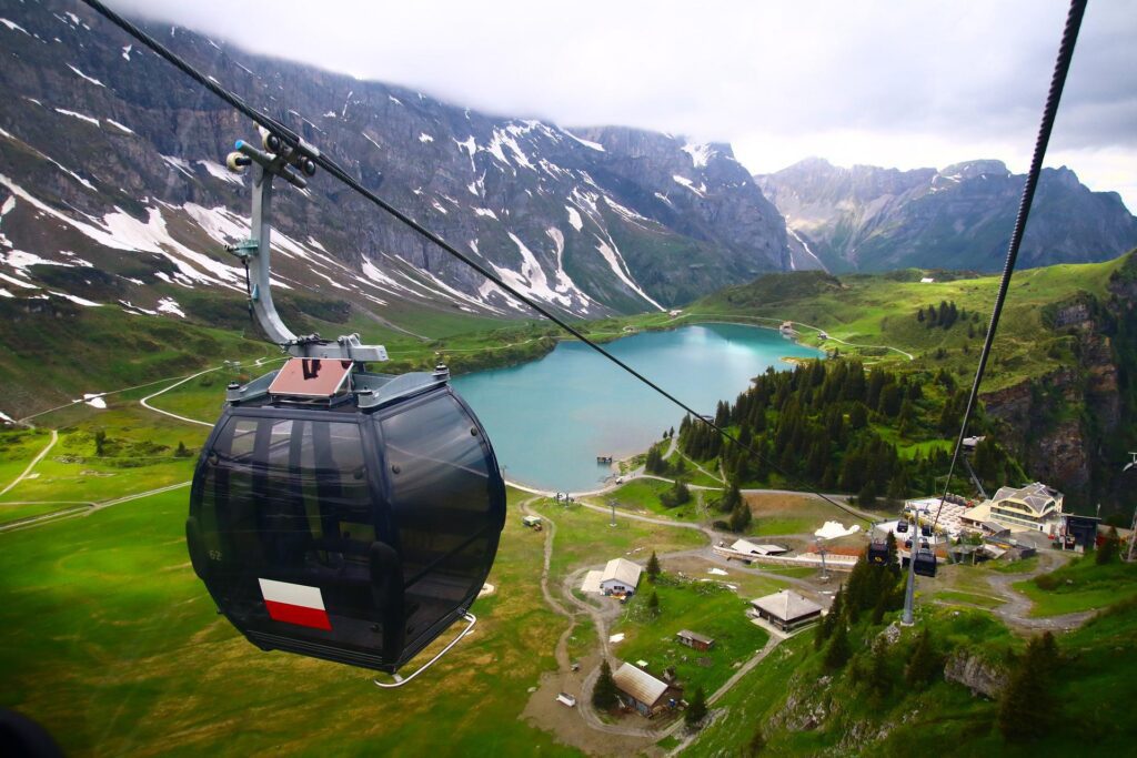 cable cars going over Lake Brienz in Switzerland 