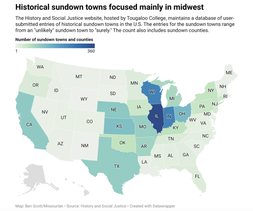 map of sundown towns in the United States