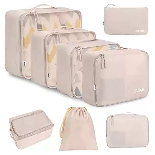 BAGAIL 8 Set Packing Cubes with Shoe Bag, Toiletry Bag & Laundry Bag (Cream)
