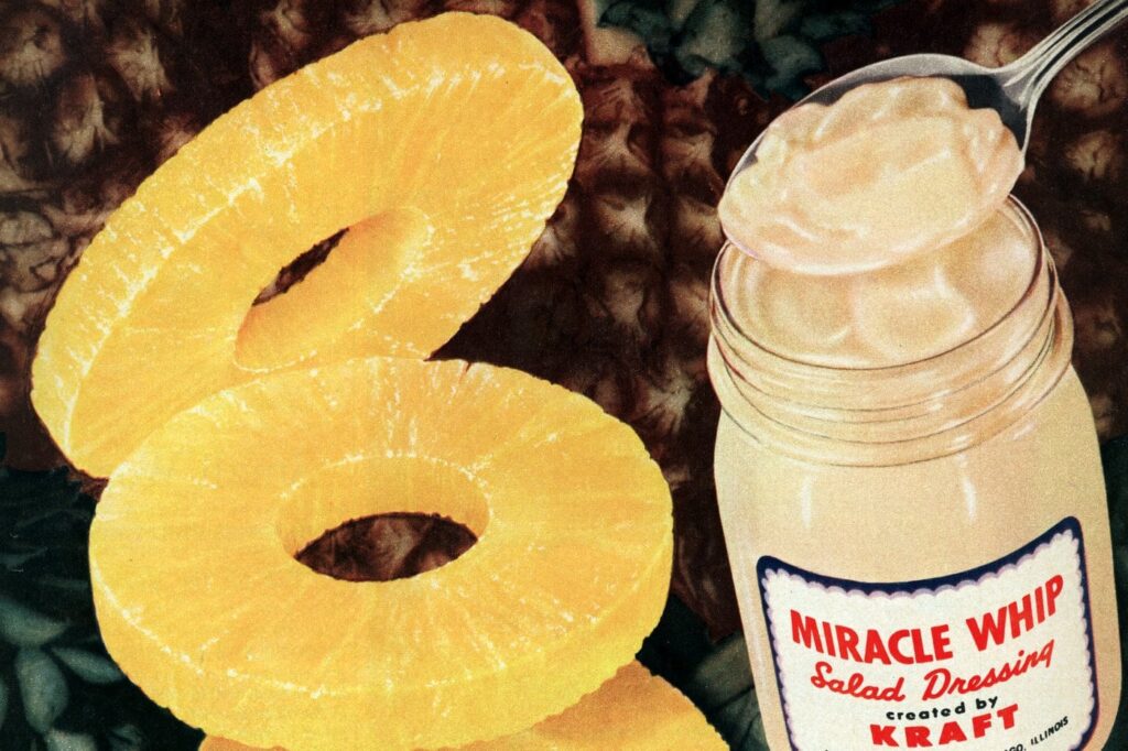 Miracle Whip on top of canned fruit
