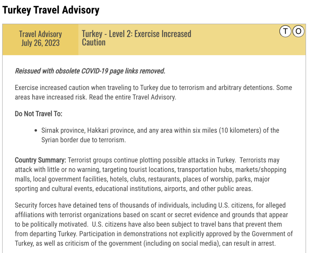 turkey travel advisory US department of state
