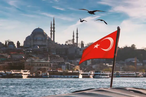istanbul skyline with turkey flag
