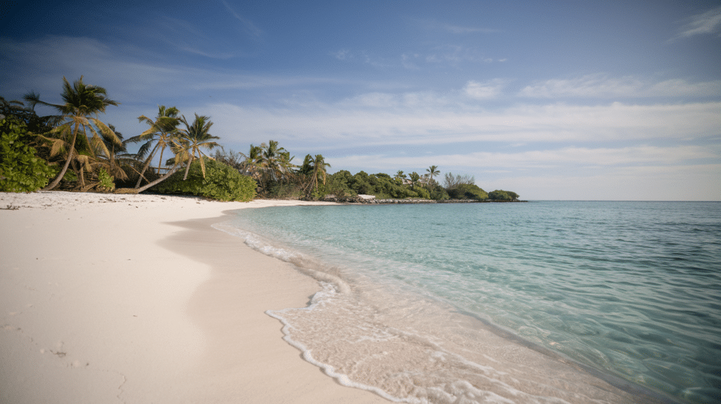 A DSLR Canon EOS R5 macro photograph of a realistic image of a beach in Quintana Roo, Mexico. The image has the highest resolution and high detail. The beach is pristine with white sand and clear turquoise water. There are palm trees along the shore. The sky is clear with a few clouds. The overall image has a high realism and depth of field. The photograph was shot with a 50mm f/1.4 lens and processed with Kodak Portra 160 film.