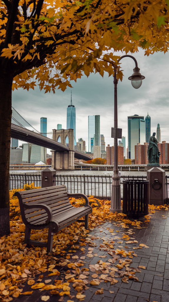 A photo of a cozy and inviting scene in New York City during autumn. The ground is covered with golden leaves. In the foreground, there's a wooden bench, a lamp post, and a trash can. The background reveals famous NYC landmarks, such as skyscrapers, a bridge, and a statue. The sky is overcast.